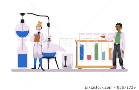 Industrial chemistry researches and chemical production, flat vector isolated. 93671729