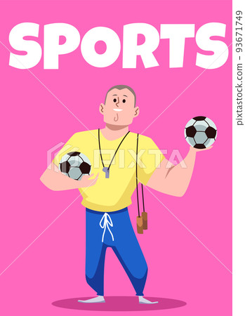 Football team coach or sports teacher at school with jumping rope and balls, poster template flat vector illustration. Football team coach or sports teacher at school with jumping rope and balls, poster template flat vector illustration. 93671749