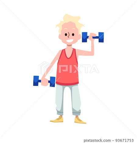 Child doing physical exercise with dumbbell flat vector illustration isolated. Child doing physical exercise with dumbbell flat vector illustration isolated. 93671753