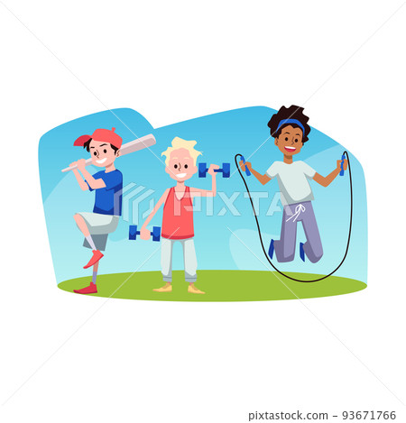 Group of diverse kids go in for sports in school, flat vector illustration isolated on white background. Group of diverse kids go in for sports in school, flat vector illustration isolated on white background. 93671766
