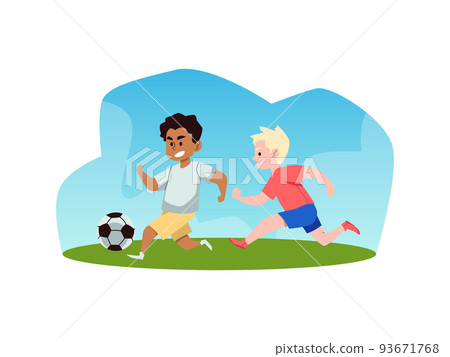 Two kids boys playing football together, flat vector illustration isolated on white background. Two kids boys playing football together, flat vector illustration isolated on white background. 93671768