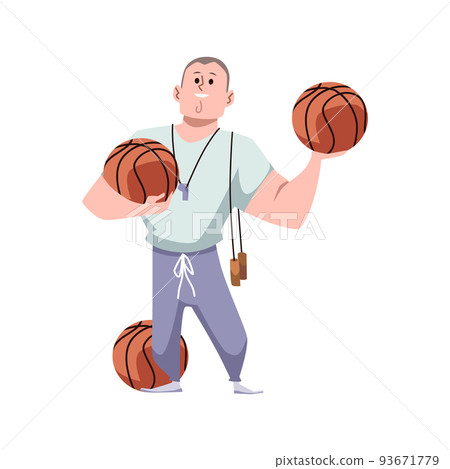 Standing gym teacher with basketballs in hands and whistle around his neck flat style 93671779