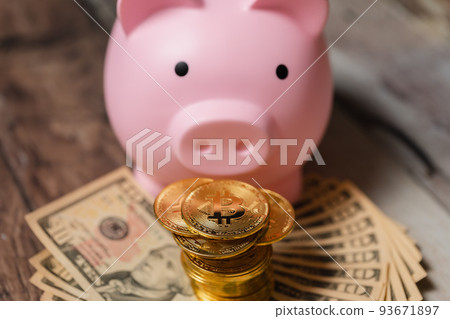 Piggy bank US dollar banknote virtual currency Piggy bank US dollar banknote virtual currency 93671897