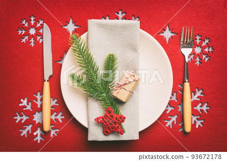 Christmas dinner background with rustic decorations and kitchen utensil . View from above 93672178