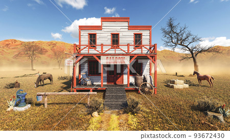 Old vintage western saloon isolated on the field in Wild West, 3d rendering Old vintage western saloon isolated on the field in Wild West, 3d rendering 93672430