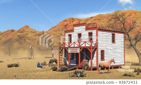 Old vintage western saloon isolated on the field in Wild West, 3d rendering 93672431