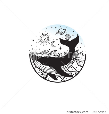 hand drawn whale and planets in solar system 93672944