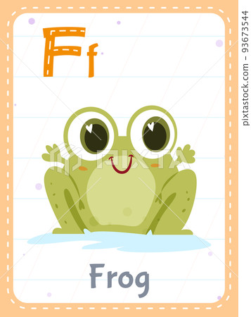Alphabet printable flashcard with letter F and frog animal picture 93673544