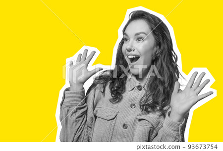 Emotional millennial woman looking at empty space, raising hands up 93673754