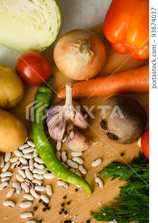 Ingredients for cooking the national Ukrainian dish - borscht. Ingredients for cooking the national Ukrainian dish - borscht. 93674037
