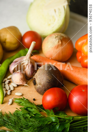 Ingredients for cooking the national Ukrainian dish - borscht. Ingredients for cooking the national Ukrainian dish - borscht. 93674038