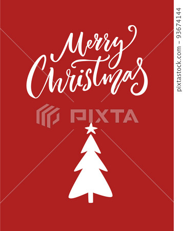 Simple Merry Christmas greeting card with sigle minimalist tree, red vector design 93674144