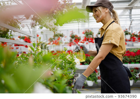 Woman spraying flowers in the garden 93674390