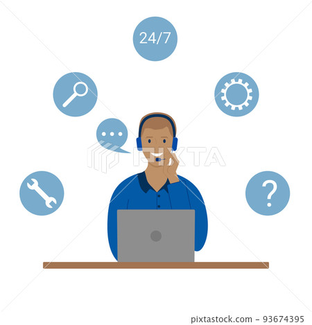 Call center. Round the clock hotline for calls. Support service operator with headphones and a laptop receives calls from customers. Flat style. Vector 93674395