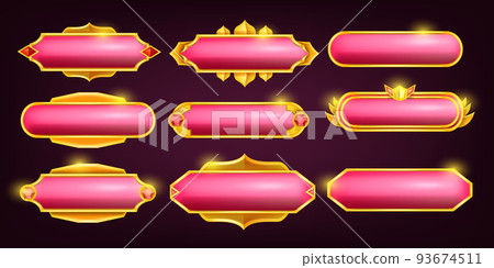 Game button set, avatar text frame kit, UI golden pink badge, fantasy royal RPG interface border.  93674511