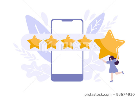 tiny Woman satisfied customer give rating 5 stars on smartphone. People feedback vector illustration by giving star rating. Flat online shopping with give five rating and review tiny Woman satisfied customer give rating 5 stars on smartphone. People feedback vector illustration by giving star rating. Flat online shopping with give five rating and review 93674930
