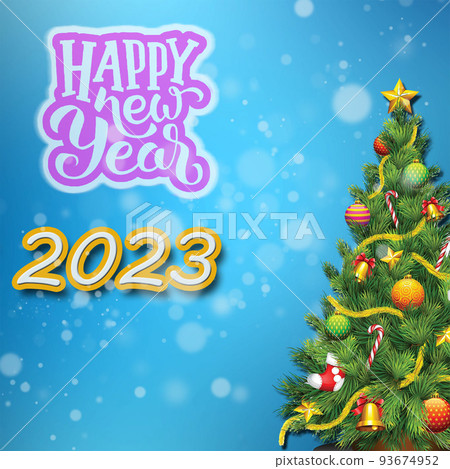 happy new year 2023 yellow gold color with christmas tree on blue background 93674952