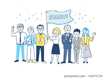 A woman holding a flag and several business men and women 93675134