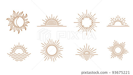 Sun logo design in simple modern line style. Boho element vector set with minimal sunset, sunrise, sunshite. Mystic magic esoteric symbol 93675221