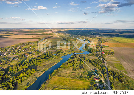 Drone view over summer sunset river Ros landscape, Ukraine. 93675371