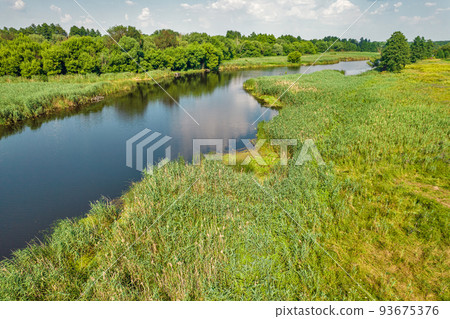 Drone view over summer river Ros landscape, Ukraine. 93675376