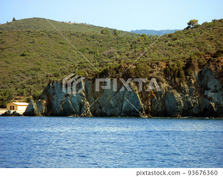 Panoramic view of the mediterranean coast, Greece, rocks, pine trees on the shore, beautiful landscape 93676360