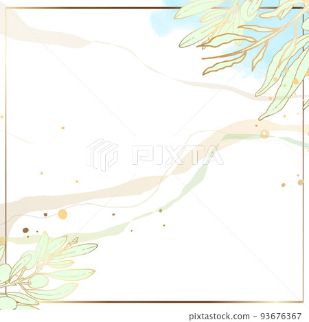 Luxury golden square wallpaper. Banner with white background blue and green stains and splashes of watercolor. Golden leaves and branches, wall art with a shiny light texture. Vector illustration. 93676367