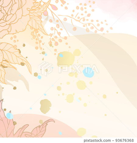 Golden abstract trendy square background with watercolor blots, branches, tropical leaves and cotton. Background for a minimalist style mobile app, beauty salon. vector illustration. Golden abstract trendy square background with watercolor blots, branches, tropical leaves and cotton. Background for a minimalist style mobile app, beauty salon. vector illustration. 93676368