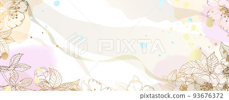 Luxurious golden wallpaper. Spots of pink watercolor. Golden cherry blossom apple tree leaves wall art with a shiny light texture. Wall mural of contemporary art. Vector illustration. Luxurious golden wallpaper. Spots of pink watercolor. Golden cherry blossom apple tree leaves wall art with a shiny light texture. Wall mural of contemporary art. Vector illustration. 93676372
