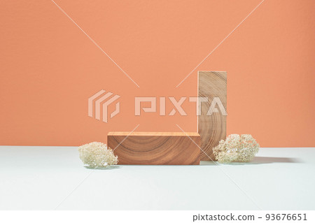Abstract creative podium pedestal from natural materials, coral blue pastel background, hard shadow Abstract creative podium pedestal from natural materials, coral blue pastel background, hard shadow 93676651