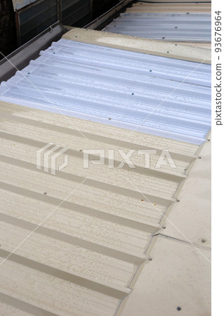 Roof with rain water gutter. Roof repair, steel sheet. Stop a roof leak Roof with rain water gutter. Roof repair, steel sheet. Stop a roof leak 93676964