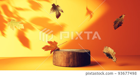 Autumn leaves with a round wooden podium - 3D 93677498