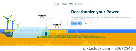 Wind turbines and solar panels energy renewable station field with air drones waste free world clean power concept 93677540