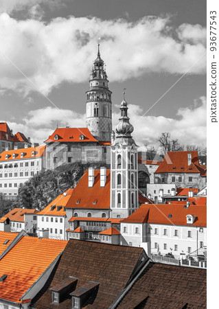 Red roofs of  Cesky Krumlov in Czech Republic. Color Splash Effect. 93677543