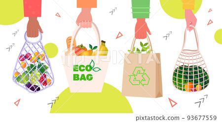 hands holding shopping eco bags full of fruits and vegetables eco friendly mesh shopper zero waste plastic free concept 93677559