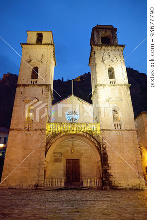 Famous Roman Cathedral of Saint Tryphon, Old Town of Kotor, Montenegro on night time. Famous Roman Cathedral of Saint Tryphon, Old Town of Kotor, Montenegro on night time. 93677790