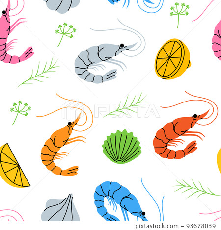 Shrimp with herbs seamless pattern. Colored shrimp prawn background. Shrimp prawn with lemon slices and rosemary. Fresh prawn seafood pattern 93678039