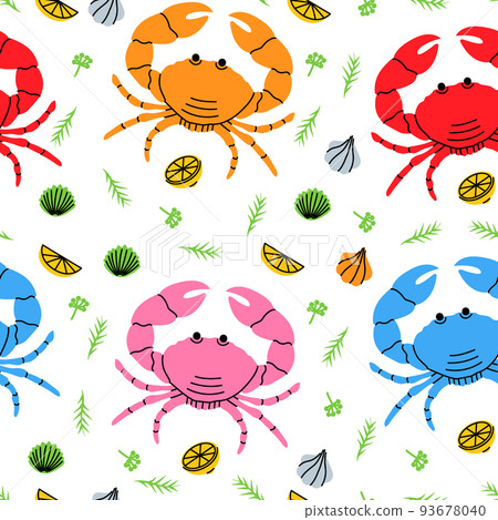 Crab with herbs seamless pattern. Colored crab with big claws background. Seafood with lemon slices and rosemary. Fresh seafood hand drawn pattern 93678040