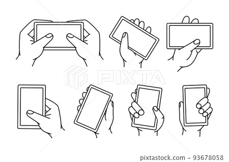 Hands holding phones outline sketch set. Smartphones with a white screen line banner. Hands holding phones with empty screens mock up. Hands holding phones outline sketch set. Smartphones with a white screen line banner. Hands holding phones with empty screens mock up. 93678058
