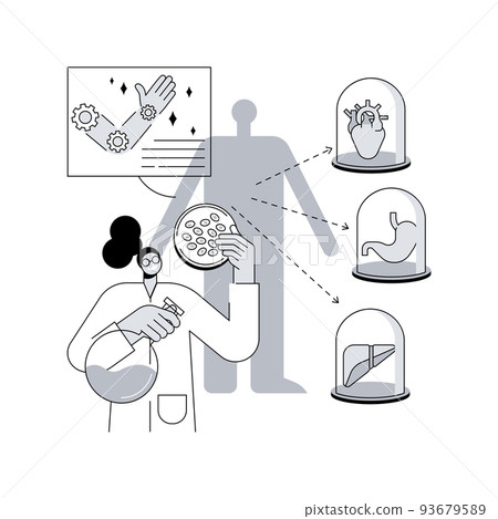 Lab-grown organs abstract concept vector illustration. Laboratory-grown stem cells, bioartificial organs, artificial human body parts, growing transplant in lab, bio-engineering abstract metaphor. 93679589