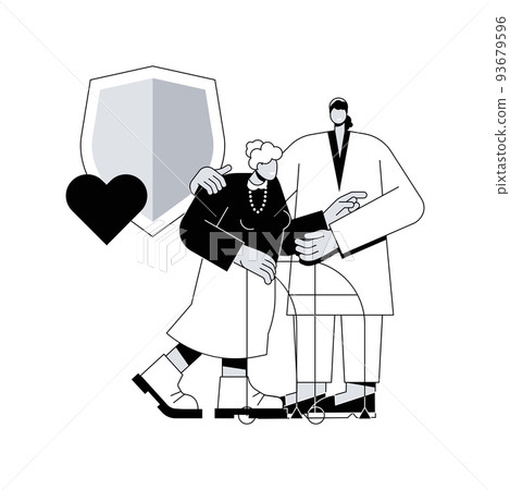 Care allowance abstract concept vector illustration. Pension contribution, old disabled person, regular care, senior woman on walker, wheelchair, home nurse, health insurance abstract metaphor. 93679596