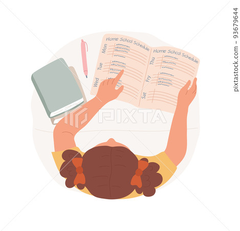 Structured home learning isolated cartoon vector illustration. Student looks in diary with subject schedule, structured learning, public school program, full-time home education vector cartoon. 93679644