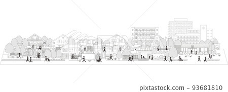 Vector illustration of people walking in the city. Line drawing illustration. Vector illustration of people walking in the city. Line drawing illustration. 93681810