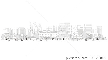 人們在城市中行走的矢量插圖. 線條畫插圖。 人們在城市中行走的矢量插圖. 線條畫插圖。 93681813