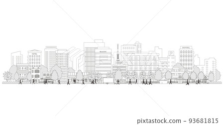 Vector illustration of people walking in the city. Line drawing illustration. Vector illustration of people walking in the city. Line drawing illustration. 93681815