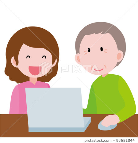 Illustration of an elderly man (male) learning to use a computer Illustration of an elderly man (male) learning to use a computer 93681844