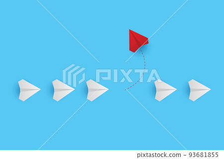Business creative idea minimal concept. Creative paper planes on blue background. Red airplane changing direction. New idea, change, trend, courage, creative solution, innovation and unique concept. Business creative idea minimal concept. Creative paper planes on blue background. Red airplane changing direction. New idea, change, trend, courage, creative solution, innovation and unique concept. 93681855