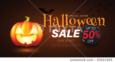 Halloween 50% off. Sale Promotion Poster or banner with Halloween Pumpkin. Vector illustration eps 10 Halloween 50% off. Sale Promotion Poster or banner with Halloween Pumpkin. Vector illustration eps 10 93681869