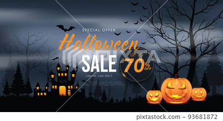 Halloween big sale poster with haunted castle and full moon. Halloween background. Vector illustration. 93681872