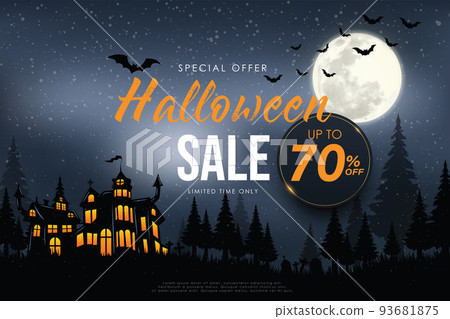Halloween big sale poster with haunted castle and full moon. Halloween background. Vector illustration. 93681875